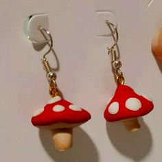 Brand New. Hand Made Mushroom Earrings. Red Mushroom Design Earrings Gift, Unique White Jewelry With Mushroom Design, Unique White Mushroom Design Jewelry, Handmade Cute Mushroom Earrings, Fun Mushroom Design Jewelry For Gifts, Cute Handmade Mushroom-shaped Earrings, Cute Handmade Mushroom Earrings, Red Mushroom Design Jewelry Gift, Fun Mushroom Design Jewelry Gift