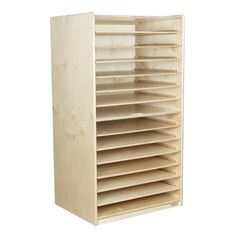 a wooden shelf with several shelves on each side and one section open to show the contents