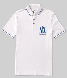 From Armani Exchange&#x2C; this polo shirt features:Classic fitPolo collar with tipping3-button placketShort sleevesLogo on the left side of the chestPullover constructionCottonMachine wash/tumble dryImported. White Casual Polo Shirt With Contrast Collar, Casual White Polo Shirt With Contrast Collar, Spring Polo Shirt With Striped Collar And Short Sleeves, Spring Polo Shirt With Striped Collar, Fitted Polo Shirt With Contrast Collar, Fitted Short Sleeve Polo Shirt With Contrast Collar, Summer Collared Polo Shirt With Button Closure, Casual Summer Tops With Contrast Collar, Casual T-shirt With Contrast Polo Collar