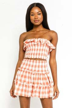 Two-Piece Dress Set - Orange Gingham Two-Piece Dress - Set | Boho Pink Spring Gingham Mini Skirt, Fitted Gingham Mini Skirt For Summer, Casual Gingham Mini Skirt For Summer, Gingham Mini Dress With Ruffles, Chic Plaid Mini Skirt For Summer, Cute Sets Two Pieces, Orange Gameday Outfit, College Gameday Outfits, Gameday Outfits