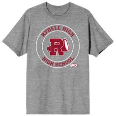 Get ready for some fun at Rydell High School with this Grease short-sleeve t-shirt. The custom design is inspired by Rydell High's athletic logo. This tee's fitted short-sleeves are stylish and functional. Keep cool and comfortable with this t-shirt's 100% premium cotton. Show your love for Grease by adding this Rydell High t-shirt to your clothing collection. School Spirit Short Sleeve T-shirt With Letter Print, Heather Grey Graphic Tee With Logo Print, Fan Gear Graphic Print Short Sleeve T-shirt, Short Sleeve Graphic Tee For Fan Gear, Graphic Tee T-shirt For Fan Gear, Graphic Tee T-shirt With Short Sleeves For Fan Gear, Collegiate Style Athletic Heather T-shirt With Letter Print, Collegiate Short Sleeve T-shirt For Fans, Collegiate Letter Print T-shirt In Athletic Heather