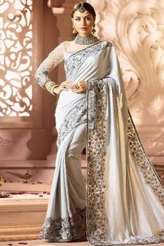 Grey Silk Saree With Silk Blouse - SARV0695 Luxury Tissue Silk Saree With Motifs, Luxury Chinon Saree With Chikankari Embroidery, Elegant Tissue Silk Blouse With Floral Embroidery, Blue Tissue Silk Saree For Reception, Luxury Embroidered Festive Traditional Wear, Blue Tissue Silk Traditional Wear For Party, Blue Traditional Wear With Sheer Dupatta In Tissue Silk, Blue Blouse Piece In Tissue Silk With Traditional Drape, Blue Embroidered Tissue Silk Blouse Piece