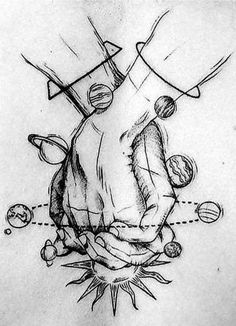 a black and white drawing of two hands holding each other with different objects around them