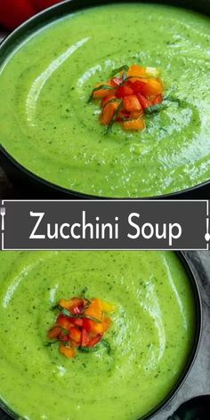 two bowls filled with green soup and topped with tomatoes