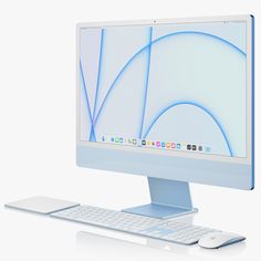 a computer monitor and keyboard sitting side by side on a white surface with an abstract background