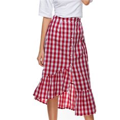 Material: Cotton • Dresses Length: Mid-Calf • Style: High Street, Fashion • Decoration: Button • Silhouette: Asymmetrical • Waistline: Empire • Type: Plaid Long Ruffle Skirt, Long Plaid Skirt, Long Wrap Skirt, Maxi Skirts Summer, Red Plaid Skirt, Mid Calf Skirt, Long Skirt Fashion, Wrap Skirts, Gingham Skirt