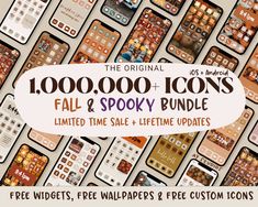 an image of many different cell phones with the text, 100, 000 icons fall & spooky bundle