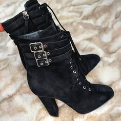 This Is The "Nero" Boot In Black Suede By Giuseppe Zanotti. (Msrp $1395 At Neimans. Current Store Sale $418) 4" Covered Heel. Narrow Square Toe. Lace-Up Closure. Three Buckled Ankle Straps. Silvertone Hardware. Leather Outsole. Made In Italy. Excellent Pre-Owned Condition Couture Dressy Multio-Season Zanotti Shoes, Giuseppe Zanotti Shoes, Lace Up Ankle Boots, Ankle Straps, Giuseppe Zanotti, Black Suede, Bootie Boots, Ankle Boots, Fashion Inspo