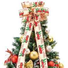 a christmas tree decorated with ornaments and ribbon on it's top, in front of a white background