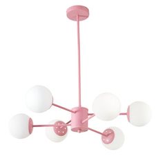 a pink chandelier with five white balls hanging from the ceiling and four lights on each end