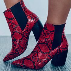 Red And Black Vegan Leather Ankle Bootie. Snake Print Pattern Throughout, Stretchy Elastic Black Side Panels, Pointed Toe, And An Approximate 2.5" Block Heel. New In Box. Red And Black Snake, Qupid Shoes, Black Ankle Booties, Black Vegan, Black Side, Ankle Bootie, Women Clothing Boutique, Side Panels, Print Pattern