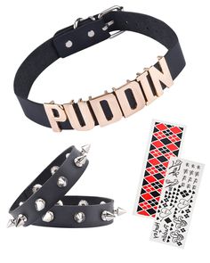 PRICES MAY VARY. Harley Choker Set:You can receive a quinn choker and a pair of spike bracelets and 2 sheet quninn tattoo stickers.The choker lenther 17.1 inches and the studded bracelet lenther 9.4 inches.tattoo stickers L*W 3.3*9 inches.It is comfortable,soft,and adjustable in length. It is suitable for most people to wear,and it is recommended for people aged ten and above. Punk Design:HQ temporary tattoo stickers,letter puddin necklace,rivets bracelets,metallic luster,cool gothic jewelry,mat Puddin Choker, Harley Cosplay, Pearl Cross Necklace, Necklace Tattoo, Spike Bracelet, Women Choker Necklace, Punk Design, Layered Choker Necklace, Halloween Necklace