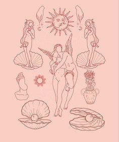 an image of the sun and other things in pink ink on a light pink background