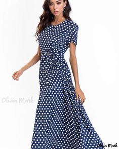 OliviaMark - Womens Elegant Polka Dot Print Short Sleeve Beach Dress with Elastic Waist and Round Neckline Short Sleeve Polka Dot Maxi Dress For Beach, Navy Casual Summer Maxi Dress, Navy Casual Maxi Dress For Vacation, Casual Navy Maxi Dress For Vacation, Halter Backless Dress, Printed Beach Dresses, Dress With Elastic Waist, Flair Dress, Polka Dots Fashion