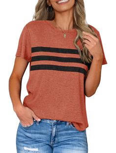 PRICES MAY VARY. Soft Material: This short sleeve top is made of 60% Polyester+35% Rayon+5% Spandex, lightweight, stretchy, breathable and skin friendly Unique Design: Round neck, short sleeves, basic tops with stripes on the front, color block, curved hemline, loose fit tshirts, tunic length, casual; This summer tee is easy to pair with jeans, shorts, leggings, sandals, heels or wedges for a simple and stylish look Occasion: The casual loose shirts are suitable for daily wear, work, shopping, p Loose Top Outfit, Color Block Shirts, Womens Summer Shorts, Casual Summer Tops, Women's Casual Style, Womens Crewneck, Casual Summer Shirts, Loose Shirts, Summer Tee