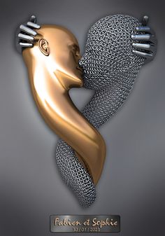 a golden and silver sculpture with two hands touching each other's face, in the shape of a human head