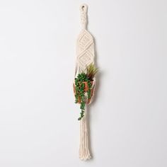 a white macrame plant hanger with plants in it on a white wall