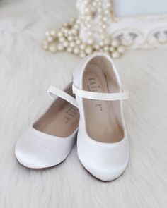 Girls Shoes White Satin Maryjane Flats White Mary Jane Ballet Flats With Closed Toe, White Mary Jane Closed Toe Ballet Flats, White Closed Toe Mary Jane Ballet Flats, Flower Girls Shoes, Girls Birthday Parties, Communion Shoes, Sparkly Wedding Shoes, Shoes Princess, Princess Parties