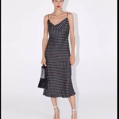 Zara Women’s Polkadot Satin Dress | Size Small | Color Black And White Chic Polka Dot Knee-length Midi Dress, Elegant Polka Dot Midi Dress For Evening, Chic Polka Dot Dress For Night Out, Polka Dot Midi Dress For Date Night, Zara Black Midi Slip Dress, Black Midi Slip Dress By Zara, Elegant Polka Dot Midi Dress For Summer, Black Midi-length Slip Dress For Day Out, Zara Casual Polka Dot Midi Dress