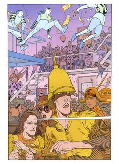 an image of a cartoon scene with many people in the background and one person wearing a yellow hat