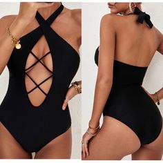 Black Cut-Out Criss Cross Halter Neck One-Piece Swimsuit Halter Neck, Sleeveless And Bodycon Style Show Off Your Charming Figure The Cut-Out Design With The Criss Cross Drawstring To Show Your Sexy Curve The Swimsuit Has The Tummy Control Design To Cover Your Tummy You Can Wear The Swimwear For Your Summer Beach Trip And Enjoy A Good Time 82%Nylon+18%Spandex Wire Free With Padding Small: 4-6, Hip 28.5” Medium: 8-10, Hip 30” Large: 12-14, Hip 33.1” Extra Large: 16-18, Hip 35.4” 2xl: 20, Hip 38” Black Halter Neck One-piece For Summer, Black Backless One Piece For Beach Season, Black Halter Neck Summer Bodysuit, Elegant Black One-piece Swimwear For Beach, Black Sleeveless Beachwear One Piece, Elegant Black One Piece For Beach, Elegant Black Sleeveless One Piece, Elegant Black Sleeveless One-piece, Black Sleeveless One-piece Swimsuit For Poolside