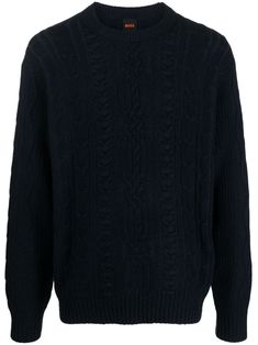 navy blue wool blend cable knit ribbed-knit edge crew neck long sleeves ribbed cuffs and hem straight hem Navy Wool Sweater With Ribbed Cuffs, Classic Crew Neck Cable Knit Outerwear, Classic Cable Knit Crew Neck Outerwear, Navy Cable Knit Sweater For Winter, Knit Edge, Cable Knit Jumper, Knitwear Men, Blue Wool, Knit Jumper