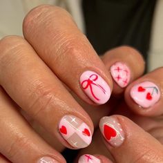 Cambria Seamons | Logan UT Nail Artist📍 on Instagram: "Some more valentines cuties!! 💌✨🎀🍒 100% hand painted nail art. #utahnails #utahnailtech #utahnailartist #utahnailsalon #utahnailart #loganutahnails #loganutahnailartist #loganutahnailtech #cachevalleynails #cachevalleynailtech #nailart #handpaintednailart #handpaintednails #handpaintedart #boycottboringnails #nailinspo #2023nailinspo #winternails #winternailinspo #valentinesnails #valentinesnailinspo #valentinesdaynails" Structure Nails, Holiday Nails Pink, Greek Nails, Nail Ideas Cute, Hand Painted Nail Art, Tropical Nails, Minimal Nails, Painted Nail Art