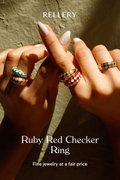 Our modern Checker ring gets a ruby red kiss of color. This red darling gives a romantic touch to your ring stack. She's a stunning addition to your everyday line up that you'll never want to take off. Womens gold ring, Jewelry gold rings, Trendy gold ring, womens rings, Unique womens rings, Casual womens ring, womens jewelry rings! #rings #womensrings #goldrings #jewelry #rellery Rings Aesthetic Vintage, Vintage Rings Engagement, Womens Rings Unique, Rings Casual, Rings Aesthetic, Checker Pattern, Red Rings, Red Checkered, Gold Rings Jewelry