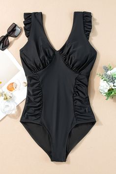 Features: Ruffled Chest pad: Non-removable padding Underwire: No underwire Stretch: Stretchy Material composition: 82% polyamide, 18% elastane Care instructions: Machine wash cold. Tumble dry low. Imported Size US Bust Waist Hip Top Length S 4 30.7 25.6 31.1 28 M 6/8 32.3 27.2 32.7 28.7 L 10/12 34.6 29.5 35 29.8 XL 14 37 31.9 37.4 30.9 2XL 16 38.6 33.5 39 31.6 3XL 18 40.2 35 40.6 32.3 Fitted Underwire Swimwear With Ruffles, Fitted Underwire Ruffle Swimwear, Fitted Ruffled Underwire Swimwear, Solid Color Ruched V-neck Swimwear, Solid V-neck Ruched Swimwear, Fitted Swimwear With Ruffled Straps For Beach, Stretch Ruffle Nylon Swimwear, Solid Ruched Stretch Swimwear, Ruffled Nylon Swimwear For Pool