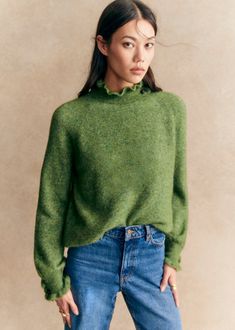 Merino wool and super kid mohair jumper with long sleeves;High neck with ruffle and 2-button fastening;Length from the shoulder: 54.5 cm / 21.2 in (on a size S) Bright Autumn, Mohair Jumpers, Green Outfit, Ruffle Collar, Knitted Pullover Sweaters, Green Sweater, Christmas 2024, Parisian Style, Knitted Pullover