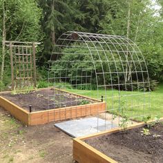 an outdoor garden area with raised beds and trelliss, surrounded by green trees