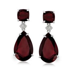 Ross-Simons - 25.00ct t. w. Garnet Drop Earrings, Diamond Accents in Silver. An RS exclusive. Bursting with the rich color of a perfectly aged merlot, these dramatic drop earrings deliver full-bodied color and glamorous shine. Featuring 25.00 ct. t. w. square cushion-cut and pear-shaped garnets and sparked with diamond accents. Set in polished sterling silver. Hanging length is 1 1/8". Post/clutch, garnet drop earrings. Garnet birthstones are the perfect gift for January birthdays. Classic Ruby Earrings For Formal Occasions, Elegant Garnet Teardrop Earrings, Elegant Garnet Drop Earrings, Ruby Teardrop Earrings For Formal Occasions, Formal Garnet Dangle Earrings, Elegant Garnet Gemstone Earrings, Formal Dangle Garnet Earrings, Elegant Garnet Earrings For Anniversary, Elegant Burgundy Dangle Jewelry