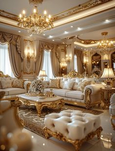 a fancy living room with gold furniture and chandelier hanging from the ceiling,