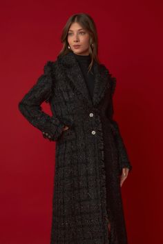 ENDLESS ROSE - Premium Long Tweed Coat - COATS available at Objectrare Luxury Winter Tweed Dress For Formal Occasions, Luxury Tweed Dress For Winter Formal, Luxury Tweed Dress For Formal Winter Occasions, Luxury Tweed Dress For Formal Winter Events, Luxury Tweed Party Dress For Fall, Luxury Winter Tweed Dress, Luxury Tweed Dress For Winter, Elegant Tweed Wool Coat With Buttons, Elegant Tweed Outerwear For Party