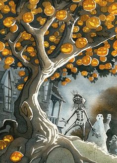 a tree with pumpkins hanging from it's branches and a skeleton in the foreground