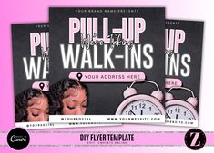 two flyers for an event with pink alarm clocks and the words, pull up wake - ins