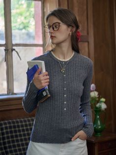 Gray Long Sleeve Sweater With Button Closure, Gray Long Sleeve Tops With Buttons, Gray Long Sleeve Tops With Button Closure, Fall Henley Shirt With Button Closure For Workwear, Long Sleeve Henley With Buttons For Fall, Fall Long Sleeve Henley With Buttons, Casual Gray Henley For Fall, Everyday Long Sleeve Henley With Button Closure, Long Sleeve Henley For Workwear