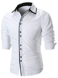 Button Down Covered Edge Collar Shirt - White - 3086732816 - Men's Clothing, Men's Tops & T-Shirts, Men's Shirts  #MensShirts #Men's #Clothing # #Men's #Tops #& #TShirts # #Men's #Shirts Slim Fit Shirt With Casual Collar And Placket, Slim Fit Tops With Buttons And Spread Collar, White Slim Fit Collared Top, White Slim Fit Shirt With Casual Collar, White Long Sleeve Shirt With Placket, White Slim Fit Cotton Shirt, White Cotton Slim Fit Shirt, White Casual Dress Shirt With Buttons, Casual White Dress Shirt With Casual Collar