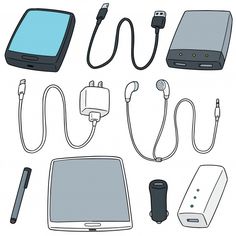 various electronic devices are shown with cords and plugs attached to the device's external components