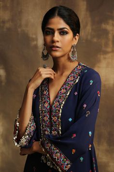 Buy Karishma Khanduja Bareilly Blue Georgette Embroidered Kurta Set Online | Aza Fashions Blue Mirror Work Top For Festive Season, Festive Blue Embroidered Top With Intricate Details, Festive Blue Embroidered Top With Intricate Embroidery, Festive Designer Embroidered Top With Mirror Work, Festive Designer Mirror Work Embroidered Top, Designer Blue Tops With Mirror Work, Traditional Blue Tops With Mirror Work, Festive Blue Top With Resham Embroidery, Blue Tops With Mirror Work