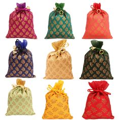 PRICES MAY VARY. Give a Gift to the Environment : Feel good about gifting by wrapping presents in reusable fabric gift bags from Touchstone Each bag measures 6" x 4" Inches. Drawstring closure. Contains 9 Gift bags in 9 different gorgeous jewel like colours with a woven classic mimosa leaf motif in festive gold. Makes the gift look really Royal and special. Saves so much time while wrapping. Perfect for odd shaped gifts and collections of small items. Great for a birthdays, wedding, return prese Indian Jewelry Sets, Indian Fabric, Women's Jewelry Sets, New Traditional, Gifts Jewelry, Drawstring Bags, Fabric Gift Bags, Brocade Fabric, Environment Friendly