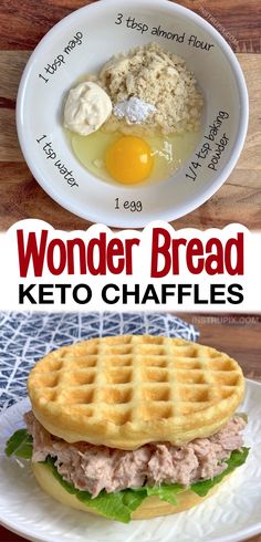 a plate with waffles, eggs and meat on it that says wonder bread keto chaffles