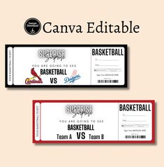 two red and white baseball tickets with the words canva editable