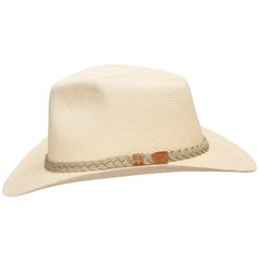 Authentic Aficionado is a safari-style fedora with a reinforced hand-blocked teardrop crown that features a wide fixed brim, padded twill sweatband, and a rustic braided rope hatband. The brim is fixed down in the front and back while containing a wire to hold its shape. This item is a genuine Panama Hat handwoven in Ecuador. Material: 100% Toquilla Straw Brim: 3" fixedCrown: 4 1/4" teardropHatband: 5/8" braided ropeClimate: Sun Handwoven in Ecuador. Hand-finished in the US. Measurements are app Curved Brim Braided Fedora For Rodeo, Braided Fedora With Curved Brim For Rodeo, Beige Toquilla Straw Hat Band For Outdoor, Beige Toquilla Straw Fedora For Outdoor, Outdoor Beige Fedora In Toquilla Straw, Outdoor Beige Toquilla Straw Fedora, Western Toquilla Straw Hat For Travel, Western Style Toquilla Straw Travel Hat, Western Braided Brimmed Panama Hat