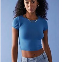 Cap Sleeve Seamless Cami. Perfect For Layering. Length 17 In Fitted Basic Blue Crop Top, Basic Fitted Blue Crop Top, Everyday Blue Cropped Top, Everyday Fitted Blue Tops, Blue Seamless Trendy Crop Top, Usa Outfits, Usa Outfit, Cap Sleeve, Free People Tops