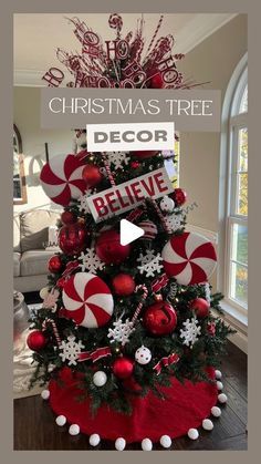 a christmas tree decorated with candy canes and red ornaments is featured in this ad