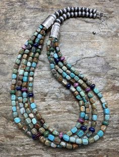 Sterling Silver Multi Strand Stone Blue Green Turquoise Bead Necklace. 24 inch Blue Green Turquoise, Turquoise Squash Blossom, White Buffalo Turquoise, Turquoise Bead Necklaces, Squash Blossom Necklace, Bead Jewellery, Multi Strand Necklace, Green Turquoise, Gorgeous Necklaces