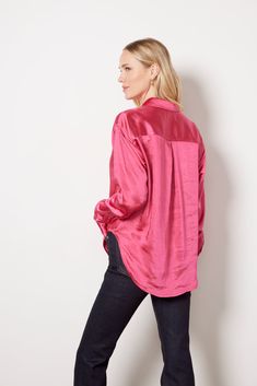 The classic button-down gets a chic upgrade with smooth satin fabric. This Good American shirt features a relaxed, flowy silhouette with a shirttail hem and covered button placket. Style with jeans and booties for a day-to-night look. | GOOD AMERICAN Women's Washed Satin Weekend Shirt, Size 2XS/XS, Pink Chic Satin Top With Spread Collar, Fall Button-up Satin Blouse, Fall Satin Shirt With Button Closure, Fall Satin Button-up Blouse, Casual Satin Tops For Fall, Casual Satin Blouse For Fall, Trendy Satin Button-up Top, Sleek Satin Shirt For Fall, Satin Button-up Tops For Daywear