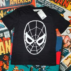 Marvel's Spiderman H&M T-Shirt For Boys And Girls Size 6x/7 100% Cotton Black Shirt With White Screen Print Nwot, New, Never Worn Smoke Free Pet Free Environment Superhero Cotton T-shirt With Character Print, Black Fandom T-shirt For Halloween, Superhero Cartoon Print Cotton T-shirt, Black Fandom Shirt For Fan Conventions, Fun Character Print T-shirt, Superhero Black Top With Letter Print, Superhero Style Black Top With Letter Print, Black Superhero Top With Letter Print, Cotton Fandom Shirt With Cartoon Print