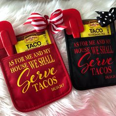 two red and black taco holders on a white furnishing with the tag as for me and my house we shall give tacos